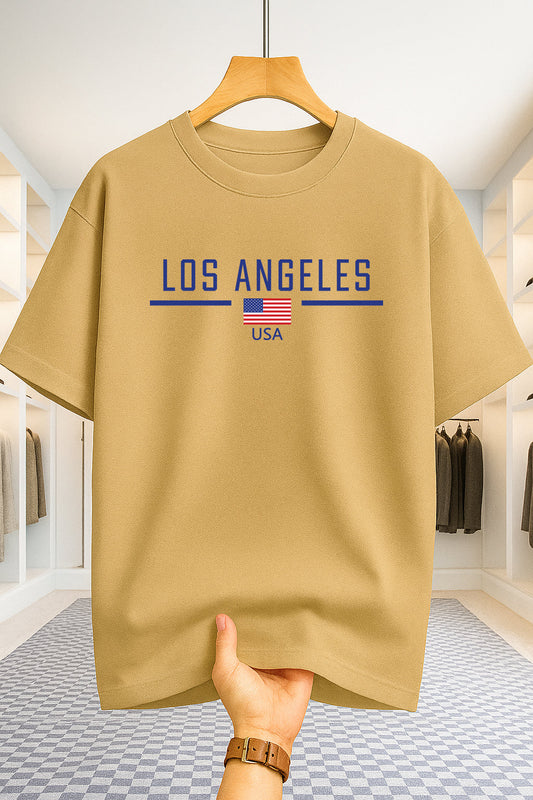 Drop Shoulder T-shirt - Los Angeles USA - Beige