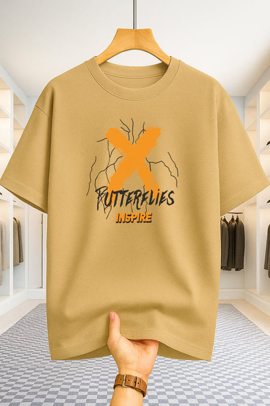 Drop Shoulder T-shirt - Butterflies - Beige