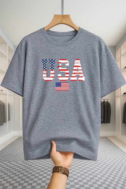 Drop Shoulder T-shirt - USA Star Flag - Ash