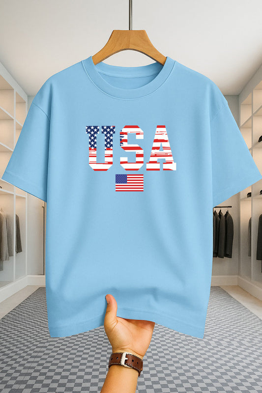 Drop Shoulder T-shirt - USA Star Flag - Sky Blue